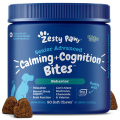Zesty Paws Senior Calming & Cognition soft chews bottle supports a calmer mood for dogs