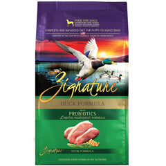 Zignature Duck Limited Ingredient 4lb bag front for simple meal planning.