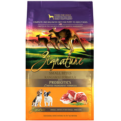 Zignature Kangaroo Small Bites kibble close-up showing lean kangaroo protein for small dogs.