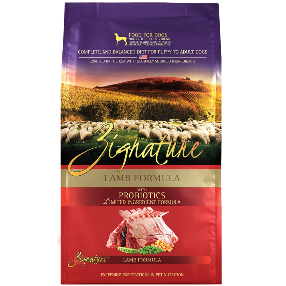 Zignature Lamb Formula dry dog food 25lb bag showcasing balanced adult nutrition.