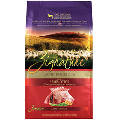 Zignature Lamb Formula dry dog food 25lb bag showcasing balanced adult nutrition.