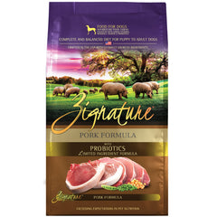 Zignature Pork Limited Ingredient Formula package shows premium, simple nutrition for sensitive dogs