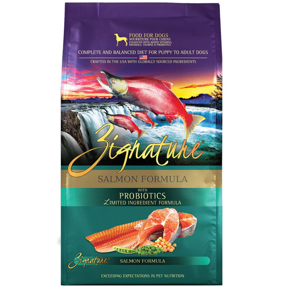 Zignature Salmon limited-ingredient dry dog food bag for easy portioning and rotation.