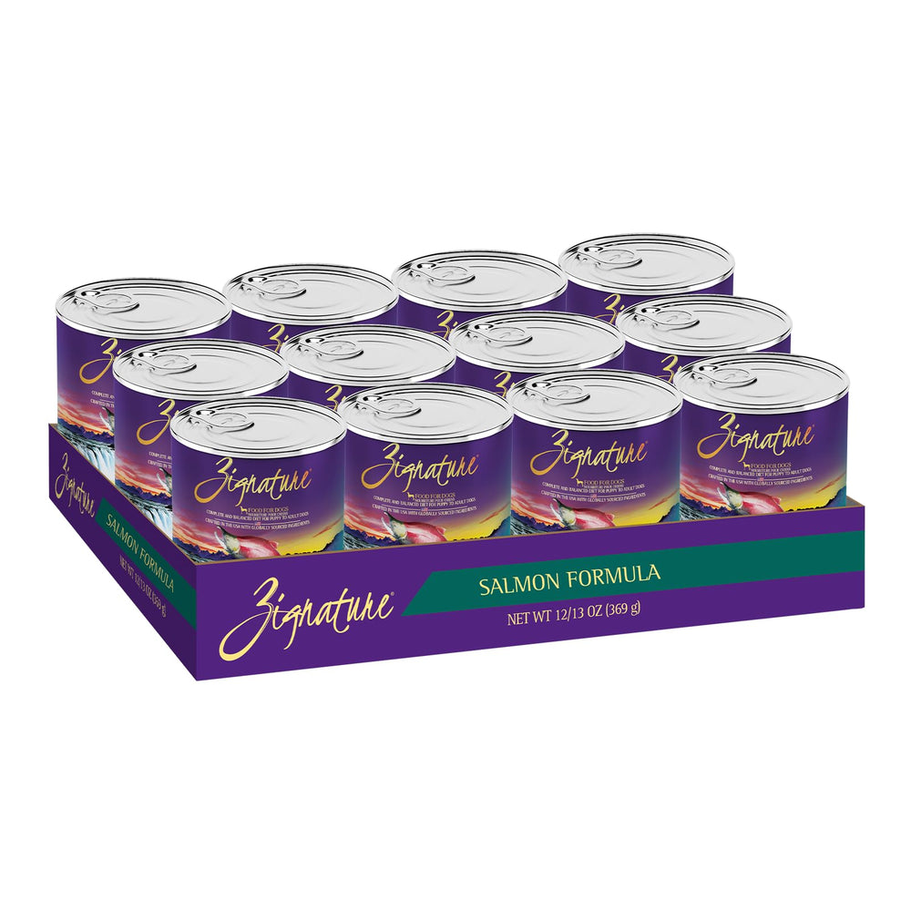 Zignature Salmon wet dog food can showing high moisture for hydration
