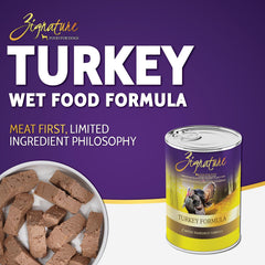 Close-up of Zignature label: grain-free, limited-ingredient turkey formula