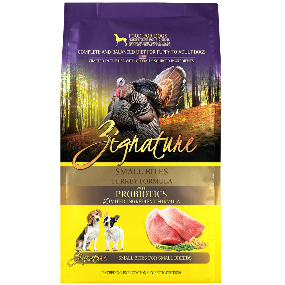 Zignature Turkey Small Bites bag front view—ideal for small breed dogs' meals.
