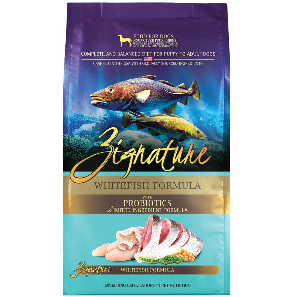Zignature Whitefish formula bag shows premium limited-ingredient packaging for simple feeding