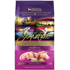 Zignature Zssential dry dog food bag close-up showcasing limited-ingredient formula