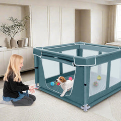 Zikopomi playpen door with zipper and Velcro for easy access and security.