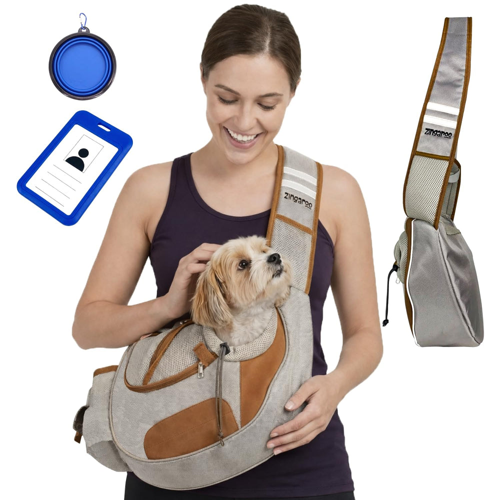 Zingaroo hands-free sling carrier front view showing comfortable pet transport