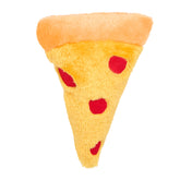 ZippyPaws NomNomz Pizza toy closeup showing soft plush and squeaker enrichment.