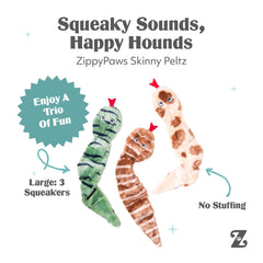 ZippyPaws Skinny Peltz with three squeakers boosts interactive sound during fetch and tug.