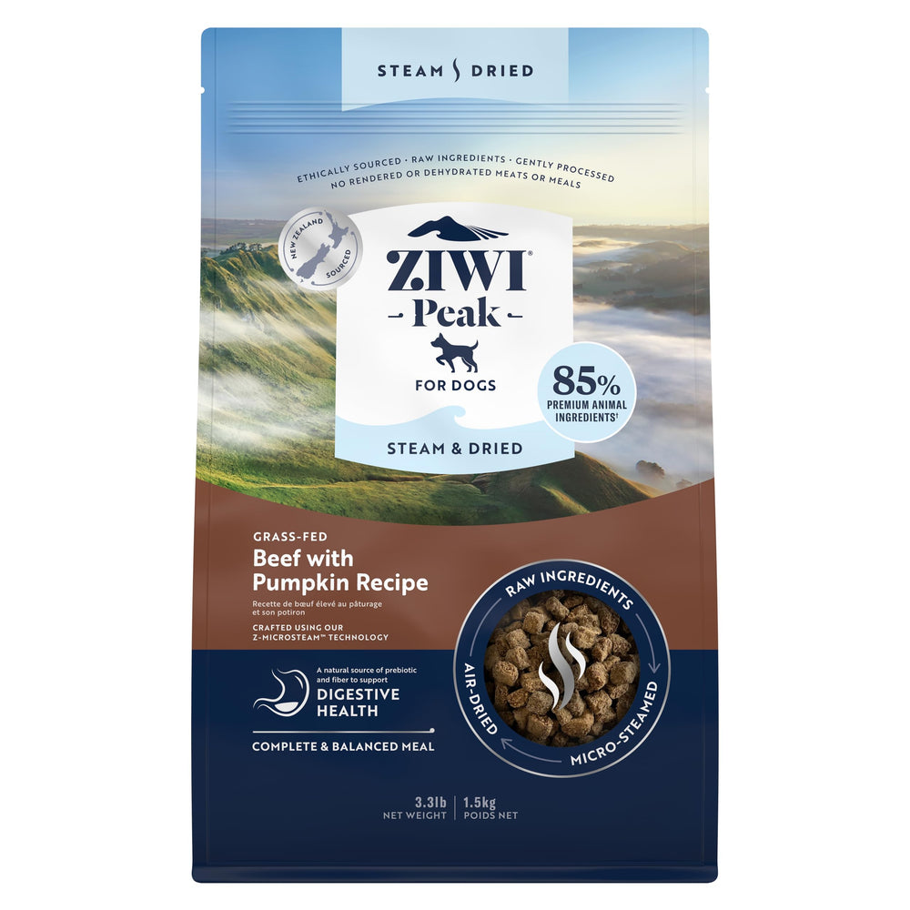 ZIWI Peak dog food packaging featuring grass-fed beef and pumpkin for premium nutrition.