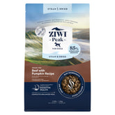 ZIWI Peak dog food packaging featuring grass-fed beef and pumpkin for premium nutrition.