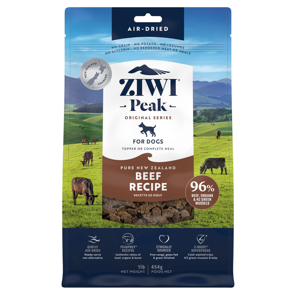 ZIWI Peak beef dog food packaging shows premium natural ingredients and sourcing.