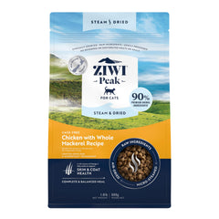 ZIWI Peak steam-dried cat food package highlighting cage-free chicken and mackerel for nutrition.