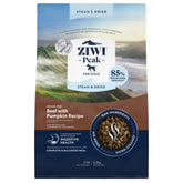 ZIWI Peak steam-dried beef with pumpkin packaging highlighting premium nutrition for dogs