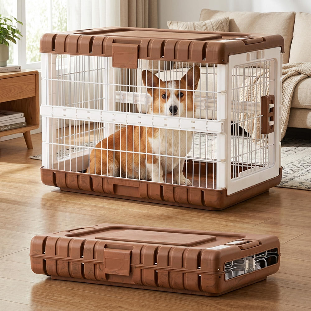 ZOMISIA 28inch collapsible crate closed in woodgrain, ideal for compact spaces.
