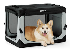 ZOMISIA collapsible dog crate with folding handle for easy transport.