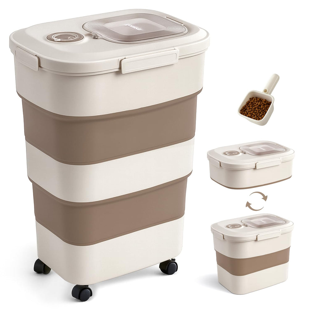 ZOMISIA dog food container with collapsible brown lid for space saving