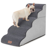 ZOMISIA dog stairs 5-step assembled on a bed, providing stable support for high sleeping surfaces.