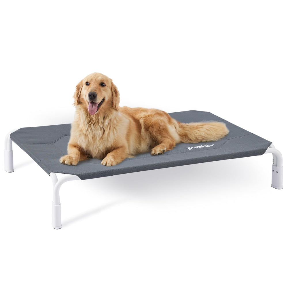 ZOMISIA elevated dog cot bed outdoor frame showing stable, wobble-free support
