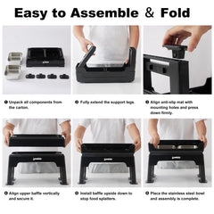 Zomisia adjustable-height stand with high walls helps contain mess.