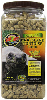 Zoo Med Natural Grassland Tortoise Food bag front, high-fiber diet support for grazing tortoises.
