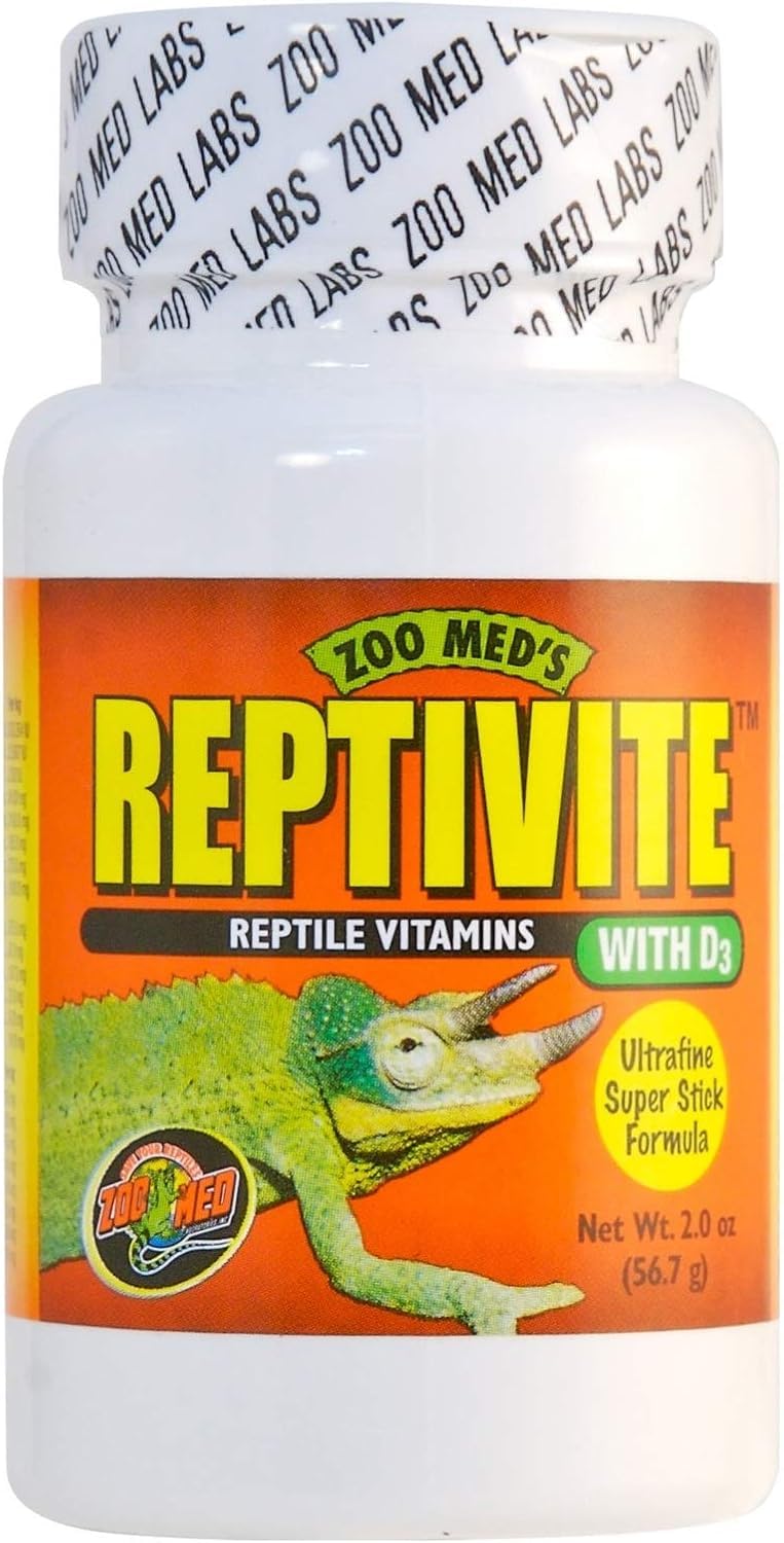 Zoo Med ReptiVite with D3 bottle highlighting calcium-based formula for bone support.