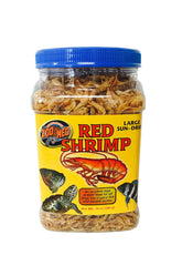 Zoo Med sun-dried red shrimp packaging demonstrates a protein-rich food option for large turtles.