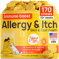 ZOOMEZEN dog allergy chews bottle on counter for easy daily use