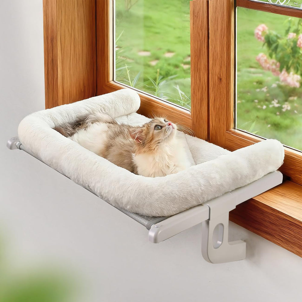 Zoratoo cat window sill perch with large bolster for cuddling and naps.