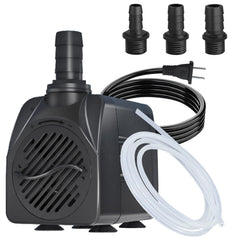 Zoronk 400GPH auto-shut-off pump in pond, compact front view for easy placement.