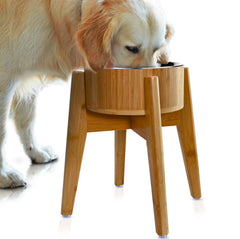 ZPirates elevated dog bowl stand in bamboo and steel for a calm mealtime.