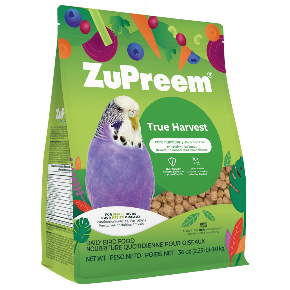 ZuPreem True Harvest bag with small-bird pellets showing balanced nutrition for parakeets