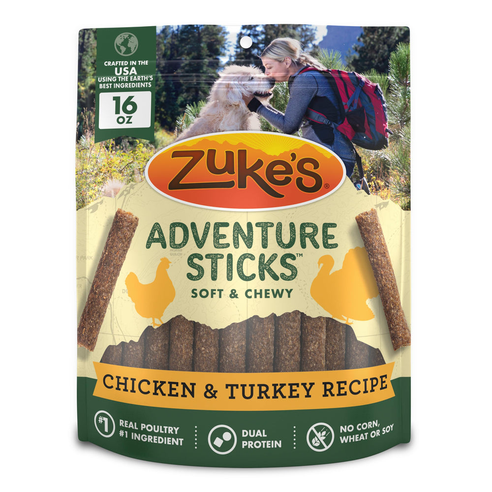 Zuke's Adventure Sticks 16oz pouch packaging for convenient rewards on the go.