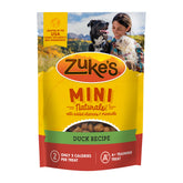 Zuke’s Mini Naturals duck recipe bag closeup with resealable pouch for on-the-go rewards
