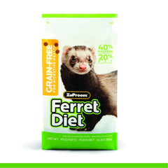 ZuPreem Ferret Food bag close-up highlights grain-free formula for high-energy pets.