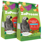 ZuPreem FruitBlend bag and label, highlighting USA-made quality for parrots.