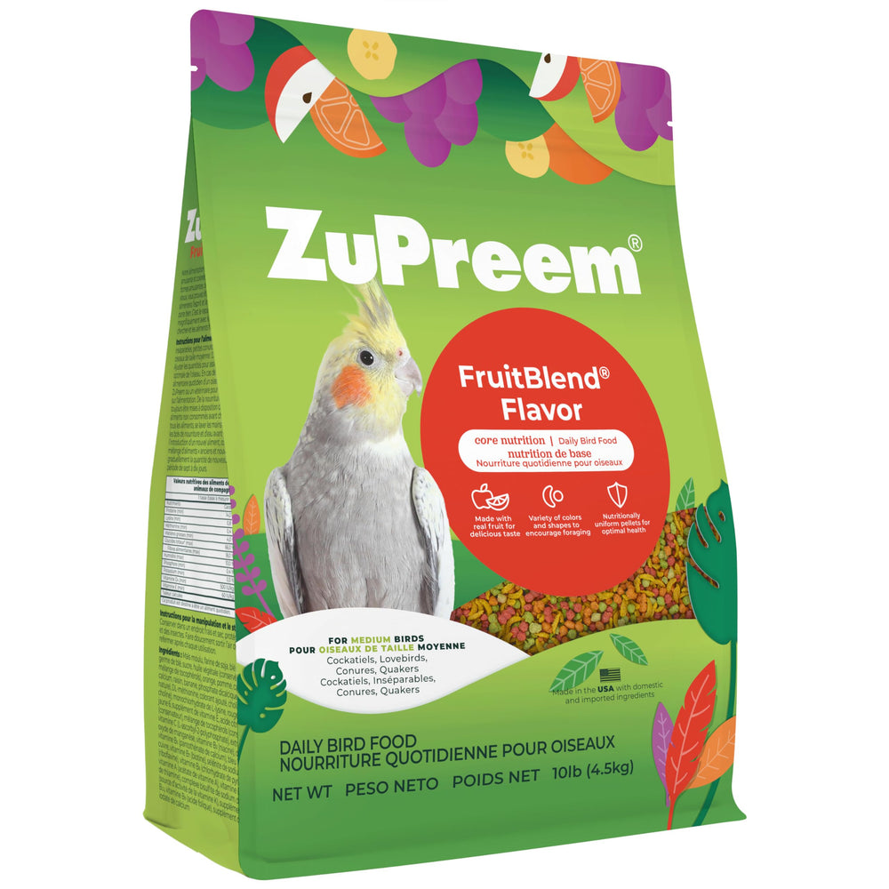 ZuPreem FruitBlend medium bird pellets bag showcasing colorful fruit shapes for daily nutrition.