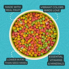 Colorful FruitBlend pellets close-up showing variety of shapes and colors for foraging appeal.