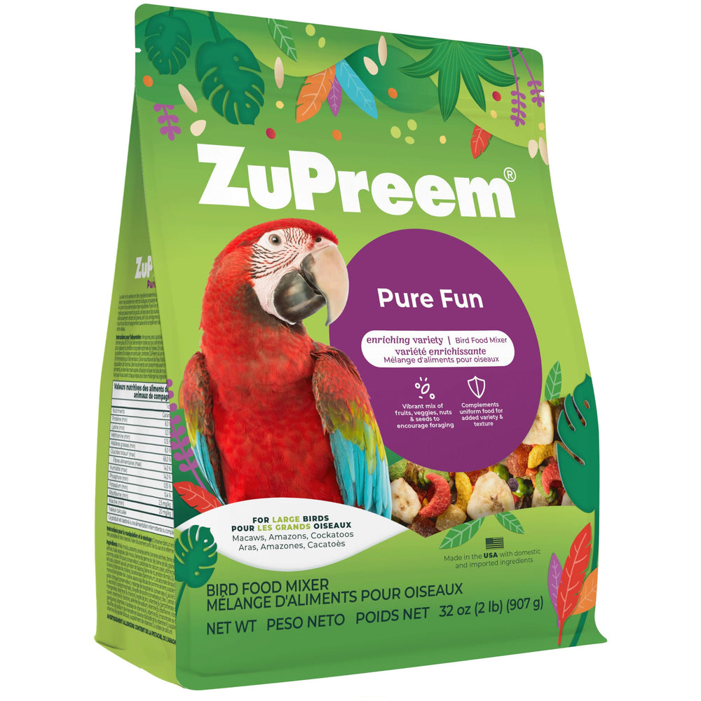 ZuPreem Pure Fun fruit-pellet-mix promotes foraging and balanced nutrition for large birds.