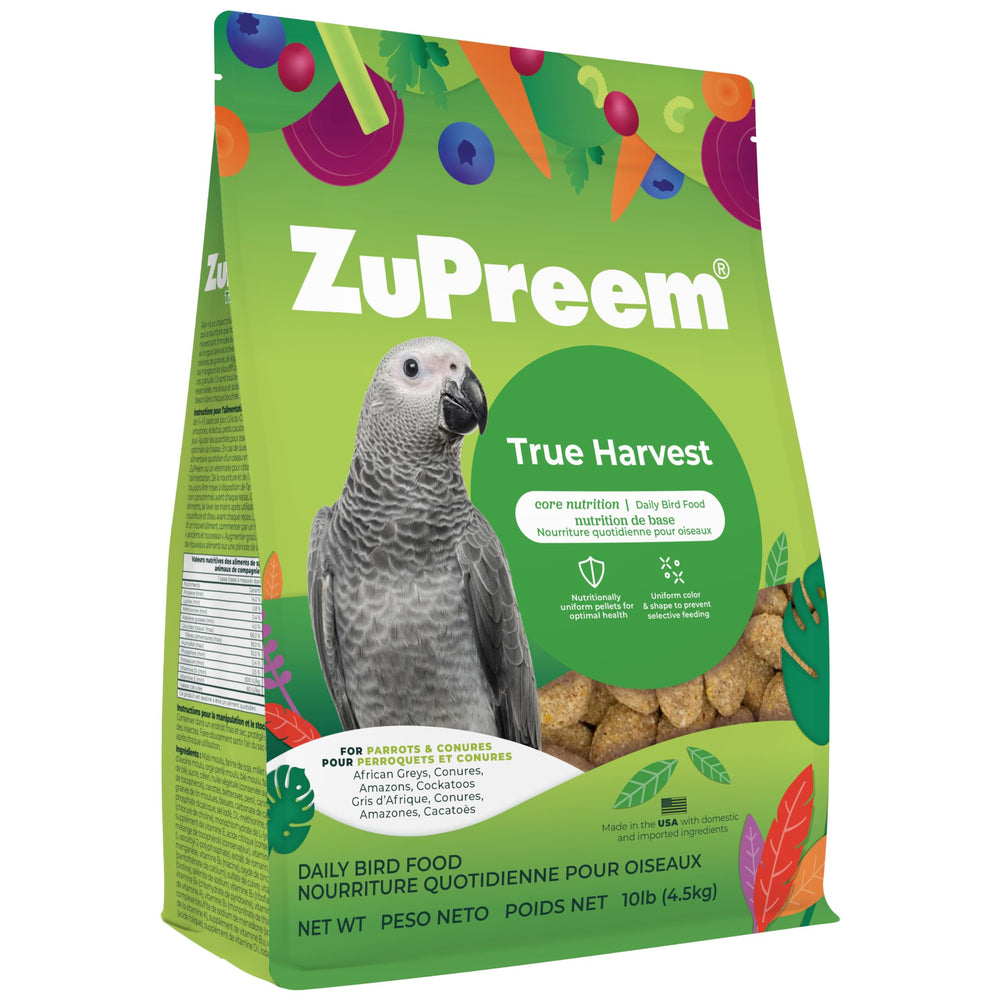 ZuPreem True Harvest pellets in a shallow bowl support balanced nutrition for small birds