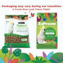 ZuPreem True Harvest pellets shown during macaw feeding for daily vitality