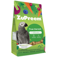 ZuPreem True Harvest pellets packaging highlights natural ingredients for parrots.