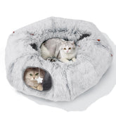 Zuqqony cat tunnel bed around a Christmas tree offers warm, playful space.