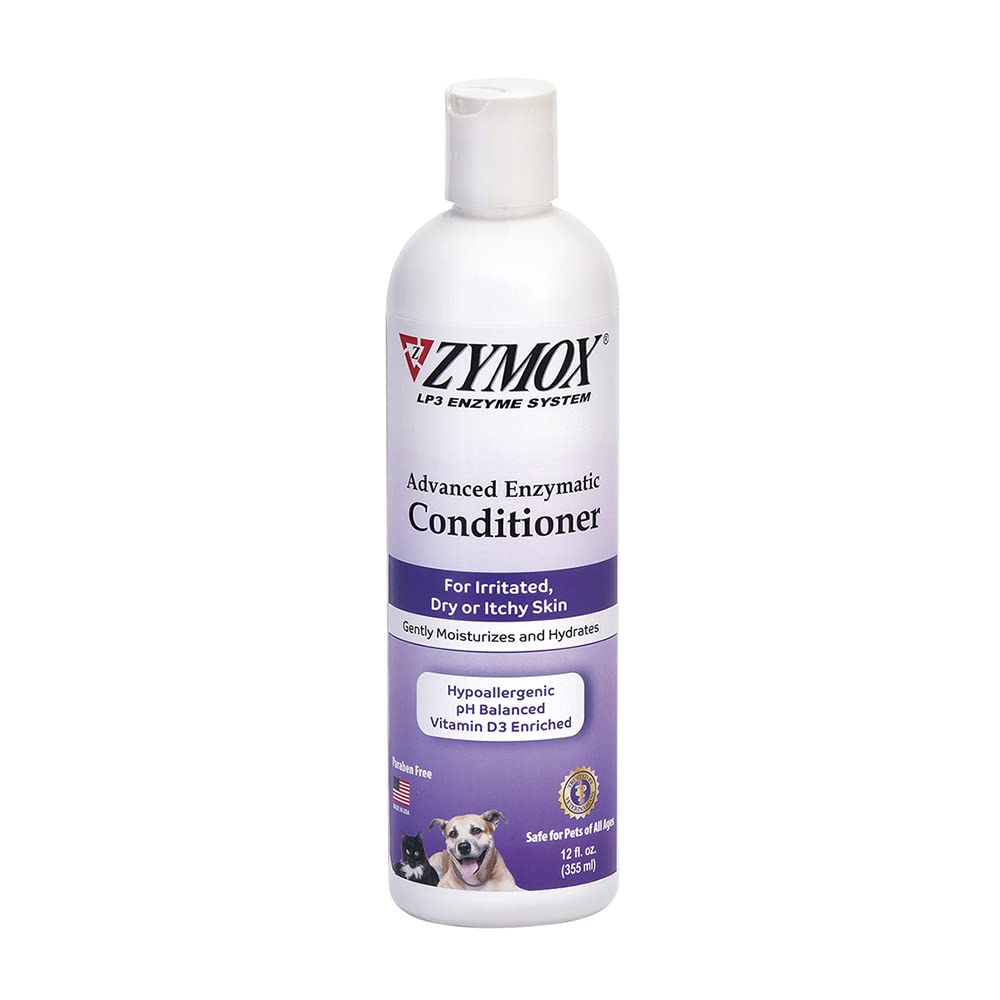 ZYMOX Advanced Leave-On Conditioner bottle shows soothing care for pets' skin and coat.