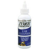 Zymox ear cleanser bottle front, gentle daily ear care for pets.