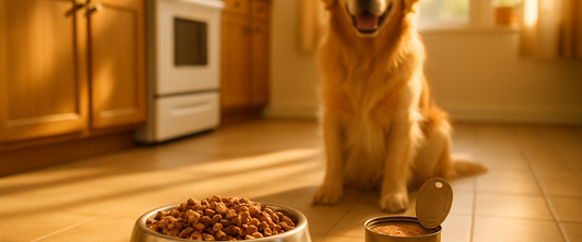 Dog bowl with kibble beside wet food — dry vs wet dog food guide