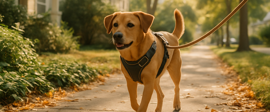 Dog wearing a padded harness on a walk — harness vs collar guide